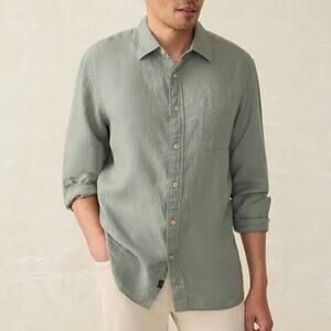 Faherty Linen Laguna Storm Fairfield Doby Long Sleeve Shirt S NEW Button Pocket